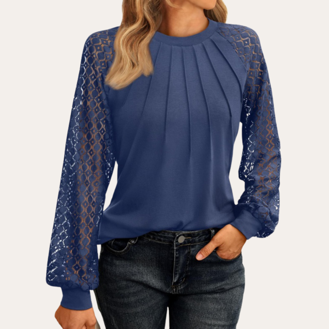 Women's Blouse with Lace Sleeves & Pleated Neckline – Elegant Top for Work & Dinner