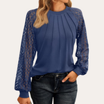 Women's Blouse with Lace Sleeves & Pleated Neckline – Elegant Top for Work & Dinner