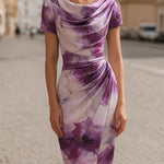 Women's Floral Cowl Neck Bodycon Midi Dress – Fitted Evening and Occasion Dress