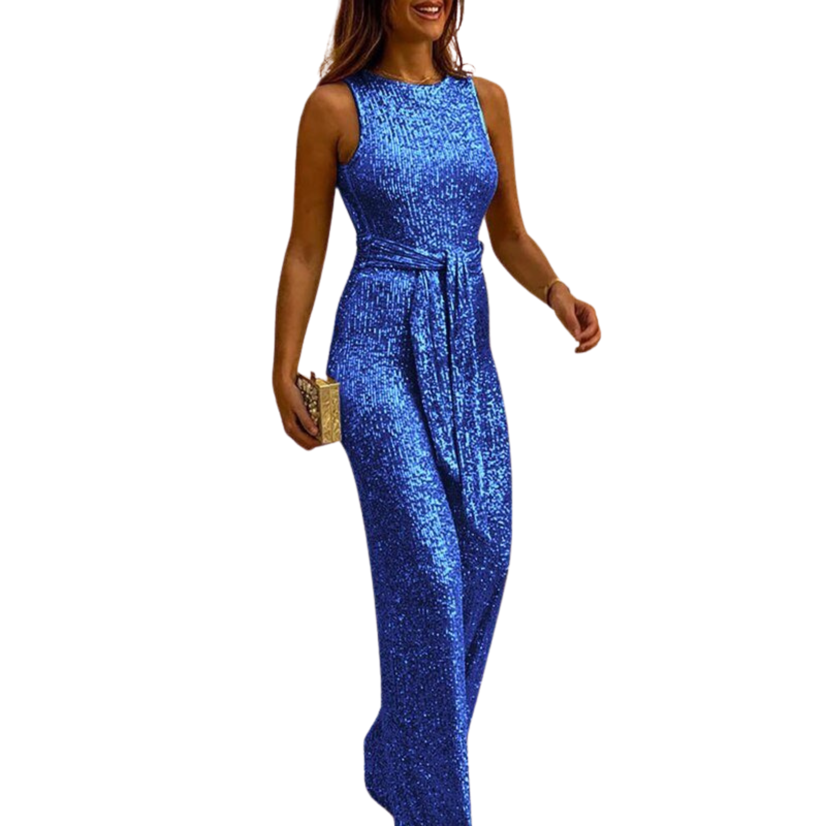 Women's Sleeveless Glitter Jumpsuit with Belt & Open Back – Deep V Neck Party Jumpsuit