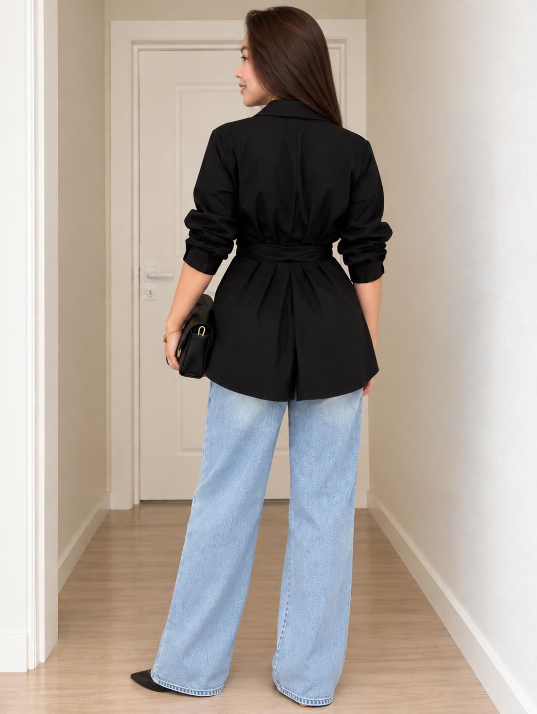Women's Long Blouse with Knot Waist & Long Sleeves – Elegant Tunic Top for Work & Smart Casual