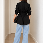 Women's Long Blouse with Knot Waist & Long Sleeves – Elegant Tunic Top for Work & Smart Casual