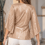 Women's Sequin V-Neck Wrap Blouse with Split Sleeves – Glitter Party and Evening Top