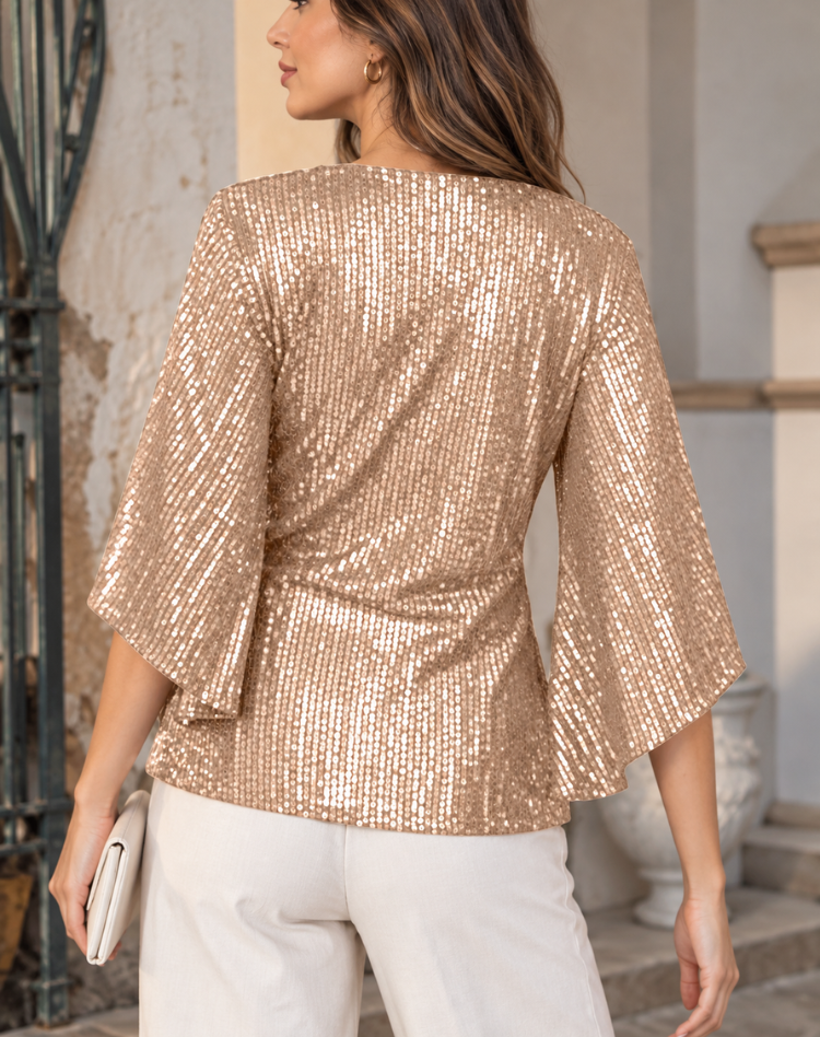Women's Sequin V-Neck Wrap Blouse with Split Sleeves – Glitter Party and Evening Top