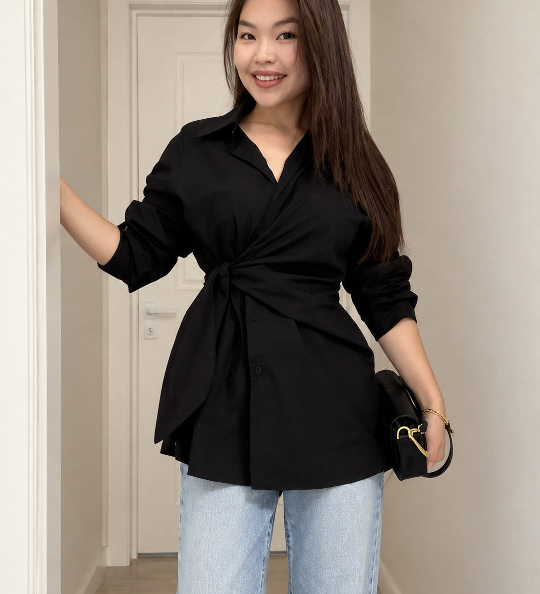 Women's Long Blouse with Knot Waist & Long Sleeves – Elegant Tunic Top for Work & Smart Casual