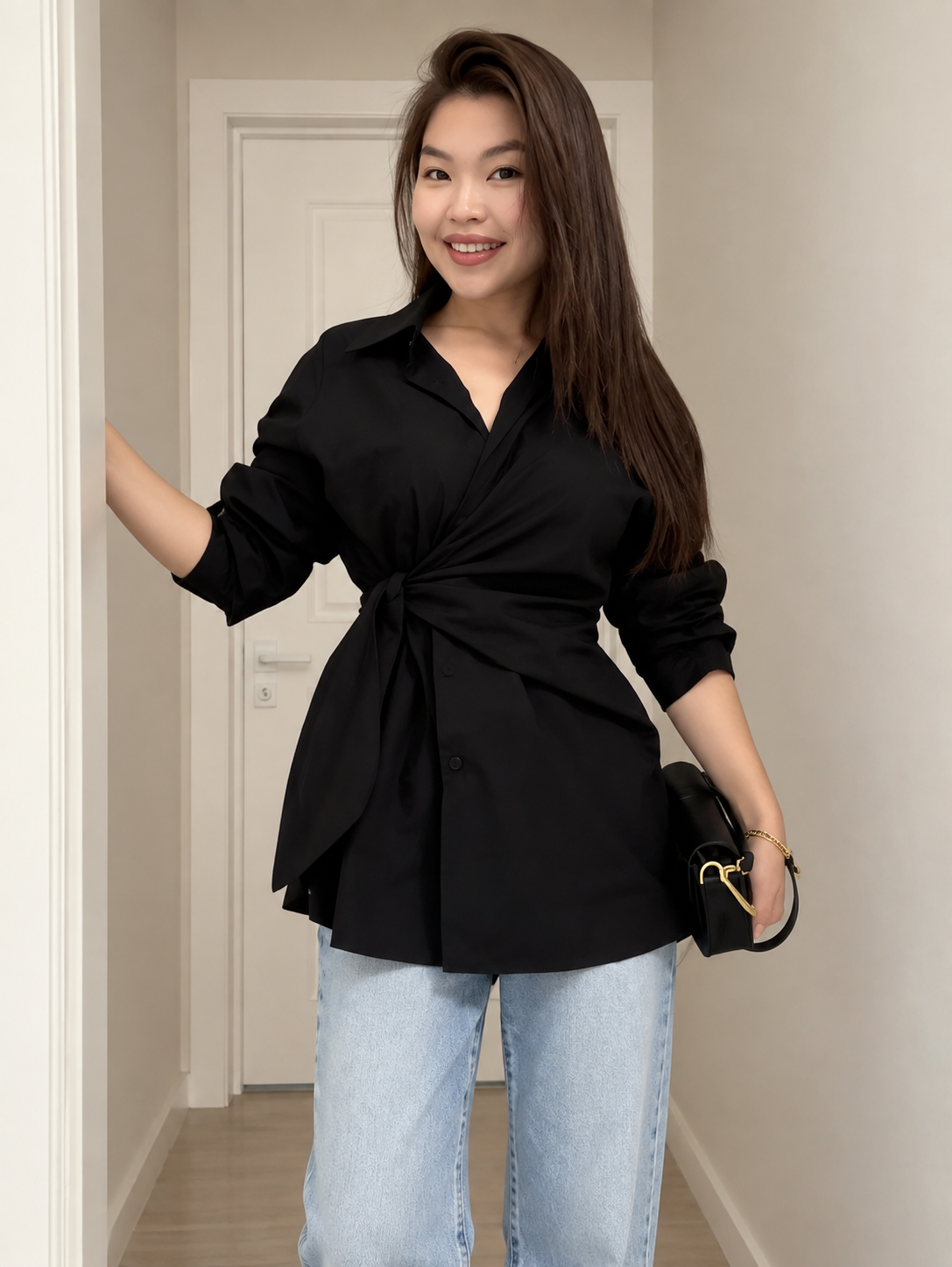 Women's Long Blouse with Knot Waist & Long Sleeves – Elegant Tunic Top for Work & Smart Casual