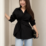 Women's Long Blouse with Knot Waist & Long Sleeves – Elegant Tunic Top for Work & Smart Casual
