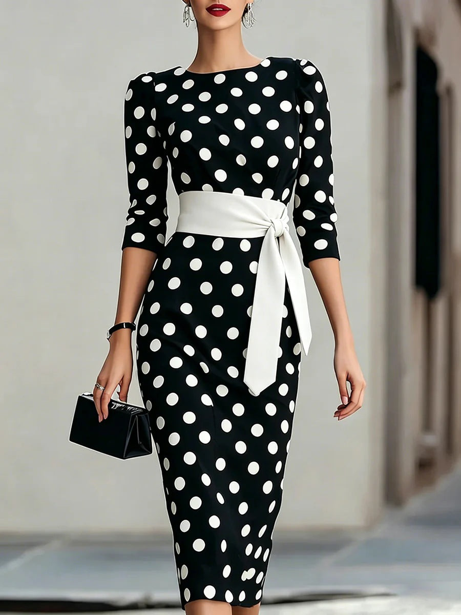 Women's Polka Dot Midi Dress – Elegant Day Dress for Brunch, Garden Parties & Race Days