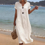 Women's Linen-Look Midi Dress – Casual Relaxed Summer Day Dress for Weekend & Holidays