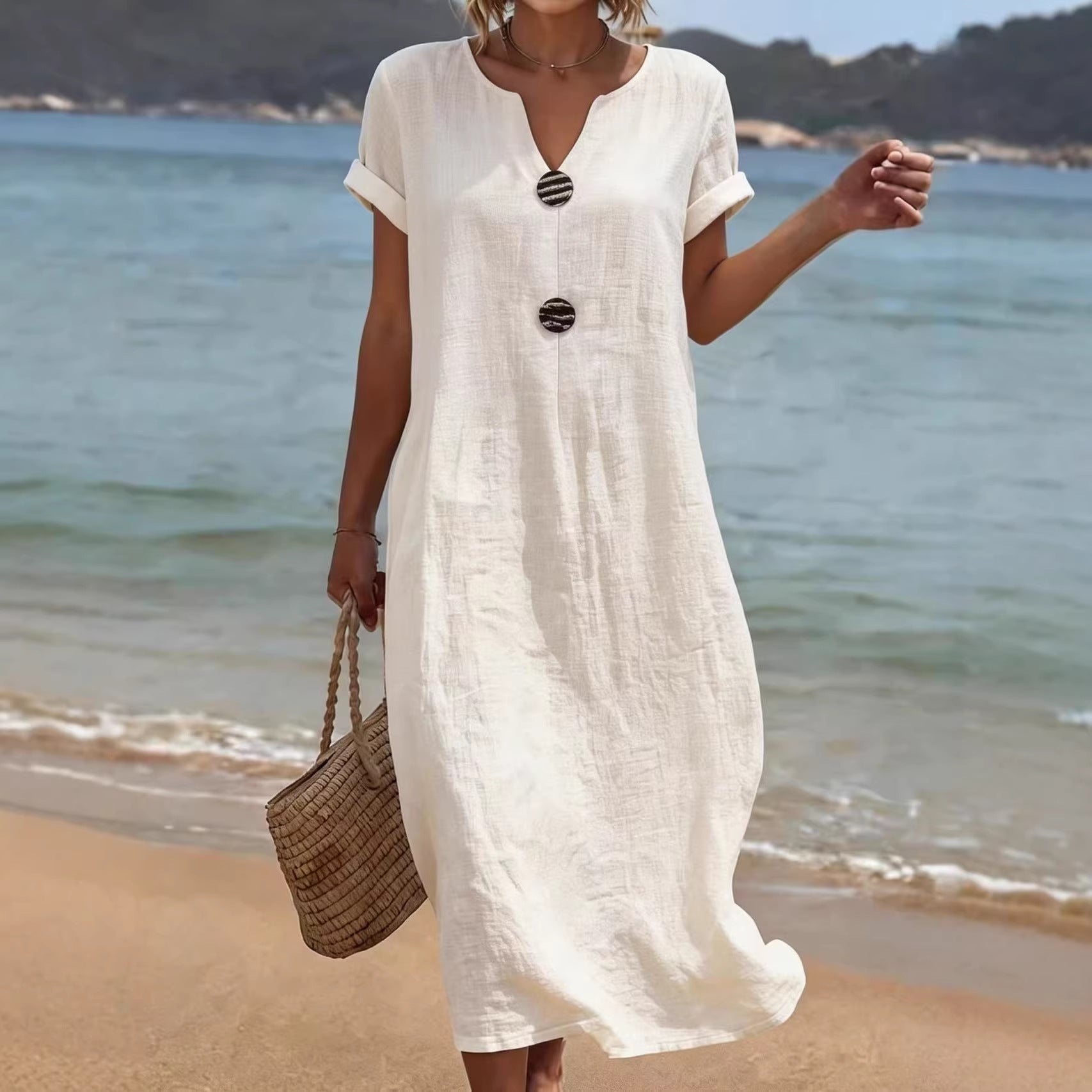 Women's Linen-Look Midi Dress – Casual Relaxed Summer Day Dress for Weekend & Holidays