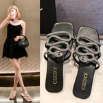 Women's Diamante Snake Embellished Slippers – Elegant Slip-On Flat Shoes for Summer Days and Evenings