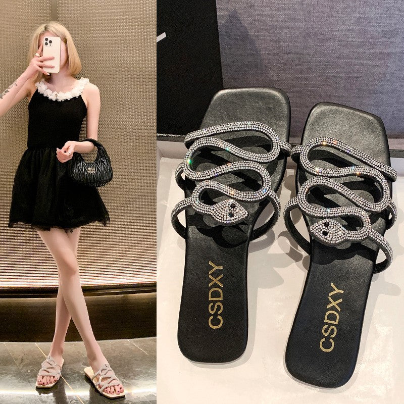 Women's Diamante Snake Embellished Slippers – Elegant Slip-On Flat Shoes for Summer Days and Evenings
