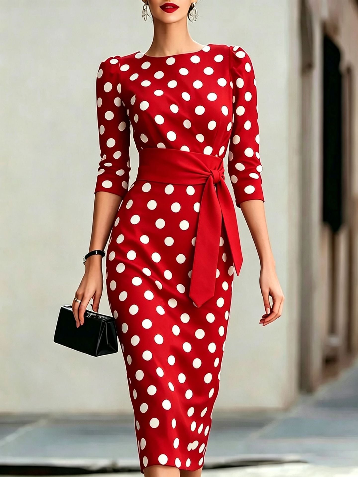 Women's Polka Dot Midi Dress – Elegant Day Dress for Brunch, Garden Parties & Race Days