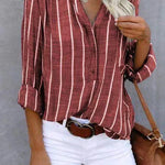 Women's Vertical Striped Button-Up Blouse – Relaxed Fit Shirt with Curved Hem for Everyday