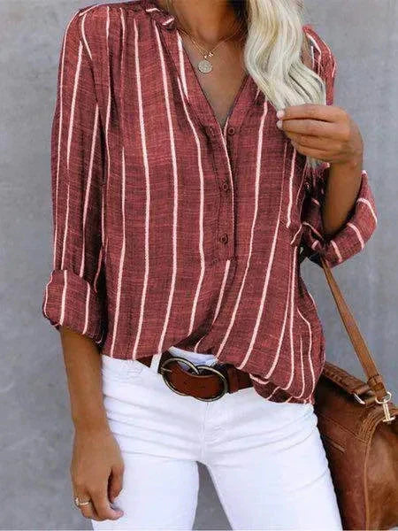 Women's Vertical Striped Button-Up Blouse – Relaxed Fit Shirt with Curved Hem for Everyday