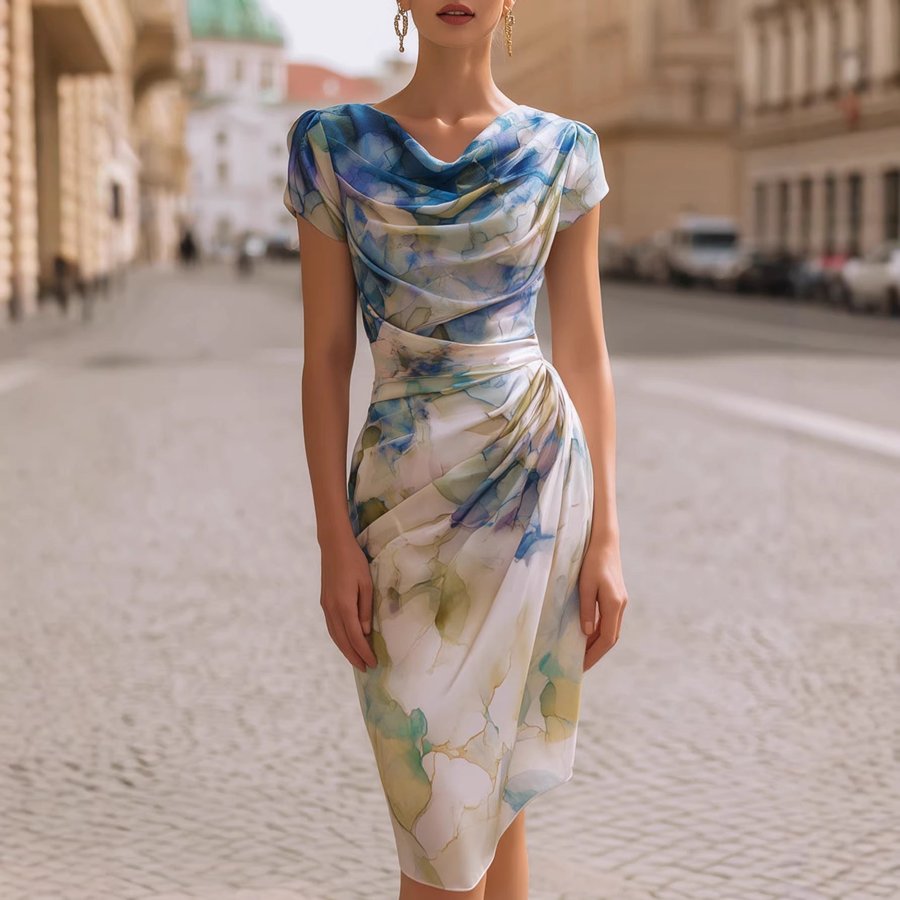 Women's Floral Cowl Neck Bodycon Midi Dress – Fitted Evening and Occasion Dress