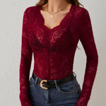 Women's Lace Long Sleeve Bodysuit with Plunge Neckline – Fitted Top for Evenings Out