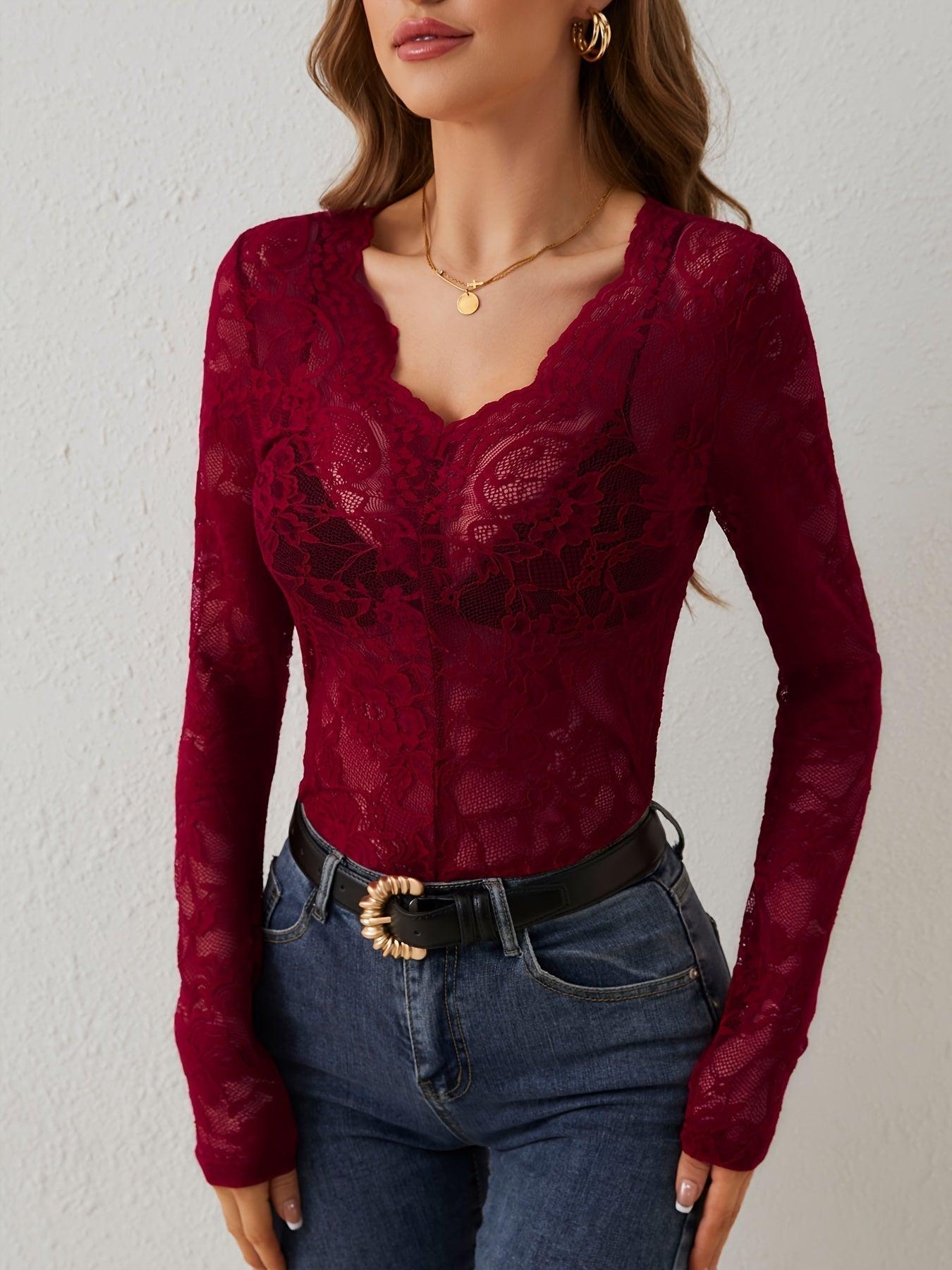 Women's Lace Long Sleeve Bodysuit with Plunge Neckline – Fitted Top for Evenings Out