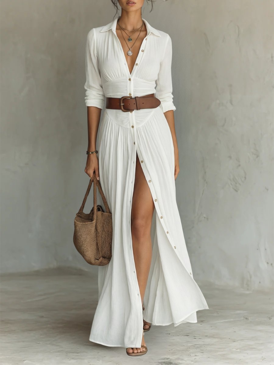 Women's Boho Maxi Shirt Dress with Button Placket & Tie Belt – Long Sleeve Summer Dress