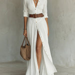 Women's Boho Maxi Shirt Dress with Button Placket & Tie Belt – Long Sleeve Summer Dress