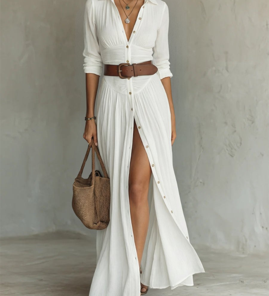 Women's Boho Maxi Shirt Dress with Button Placket & Tie Belt – Long Sleeve Summer Dress