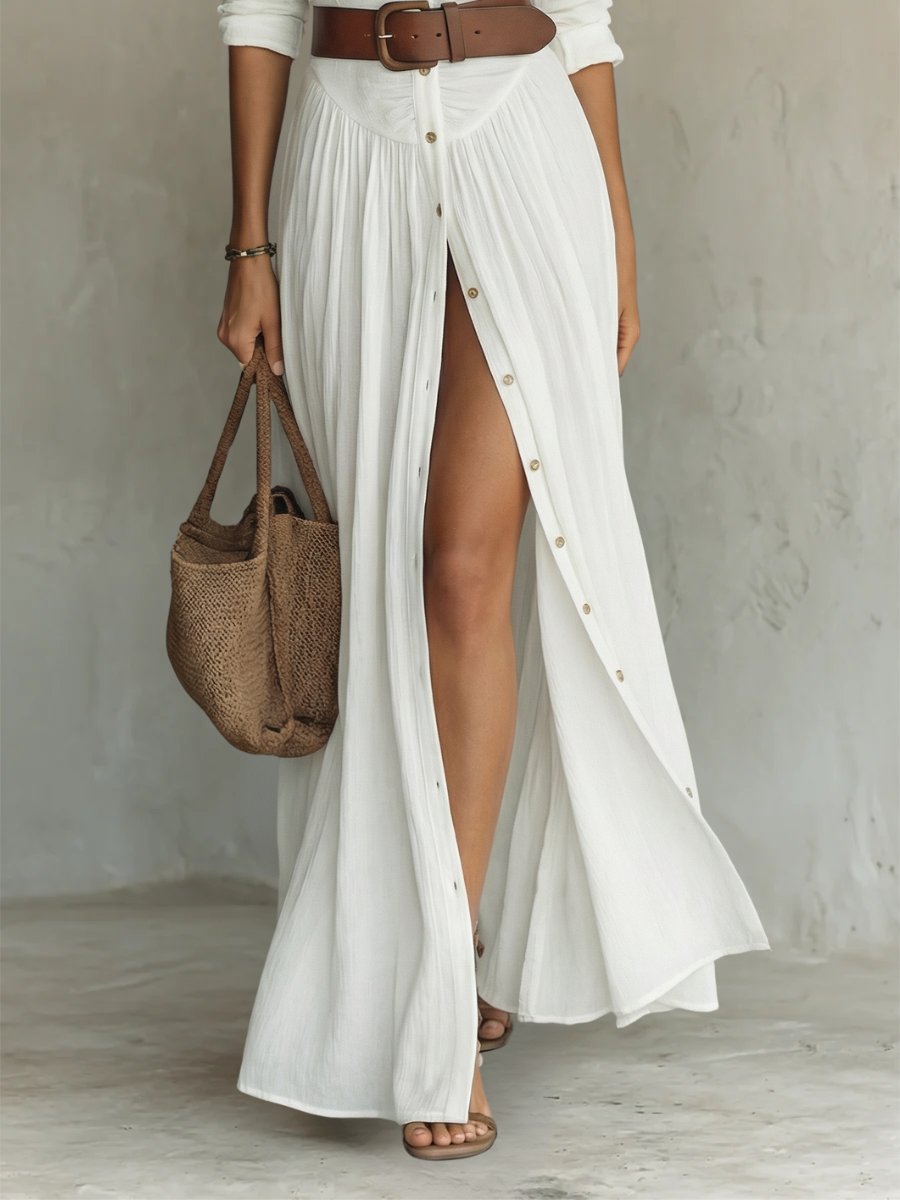Women's Boho Maxi Shirt Dress with Button Placket & Tie Belt – Long Sleeve Summer Dress