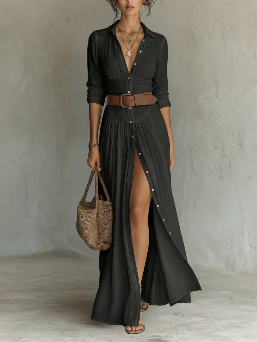 Women's Boho Maxi Shirt Dress with Button Placket & Tie Belt – Long Sleeve Summer Dress