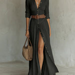 Women's Boho Maxi Shirt Dress with Button Placket & Tie Belt – Long Sleeve Summer Dress