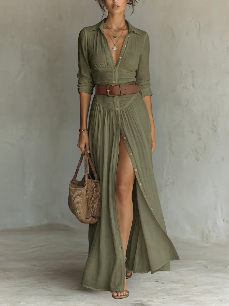 Women's Boho Maxi Shirt Dress with Button Placket & Tie Belt – Long Sleeve Summer Dress