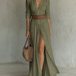 Women's Boho Maxi Shirt Dress with Button Placket & Tie Belt – Long Sleeve Summer Dress