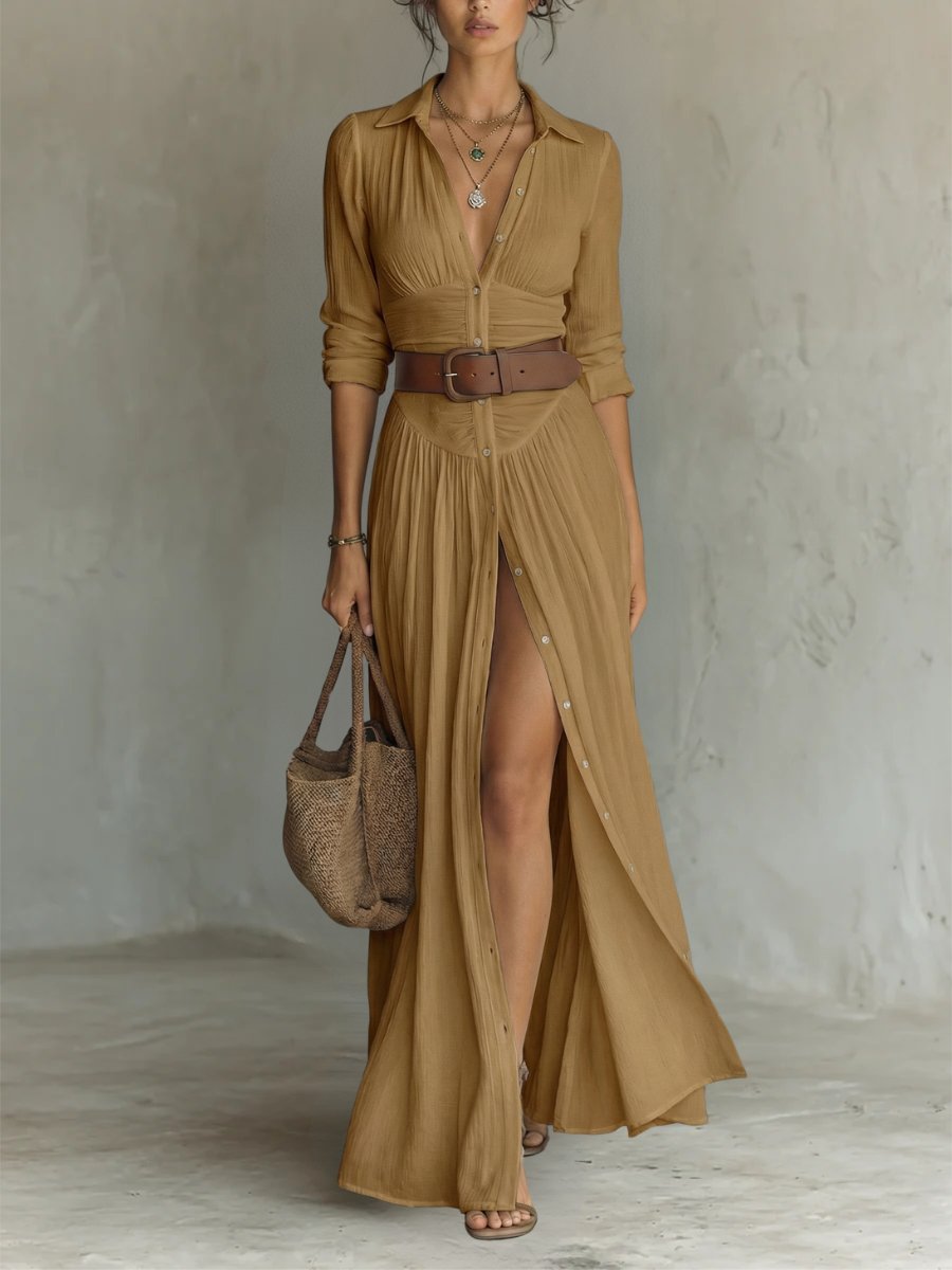 Women's Boho Maxi Shirt Dress with Button Placket & Tie Belt – Long Sleeve Summer Dress