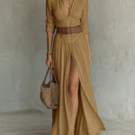 Women's Boho Maxi Shirt Dress with Button Placket & Tie Belt – Long Sleeve Summer Dress