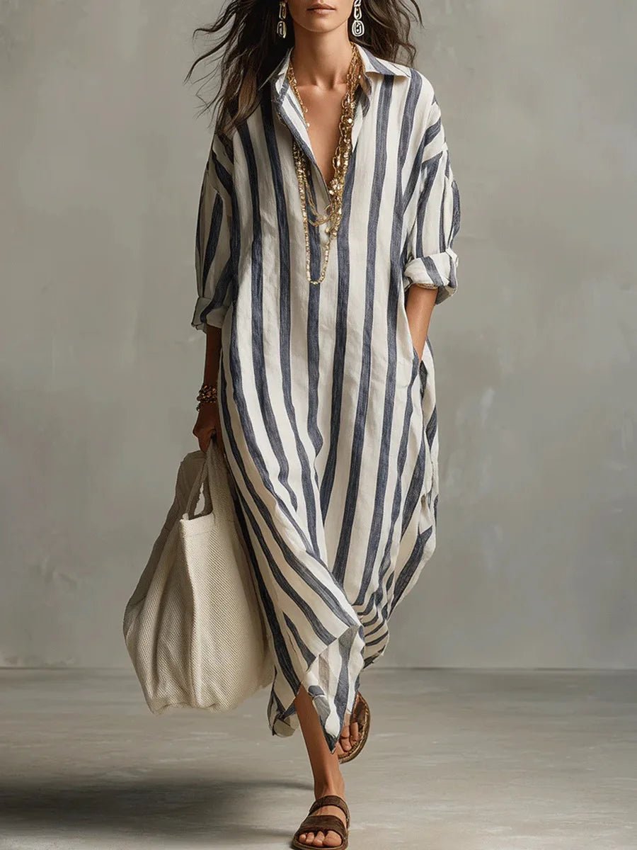 Women's Striped Linen Shirt Dress – Oversized Maxi with Pockets & Roll-Up Sleeves for Summer
