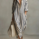 Women's Striped Linen Shirt Dress – Oversized Maxi with Pockets & Roll-Up Sleeves for Summer