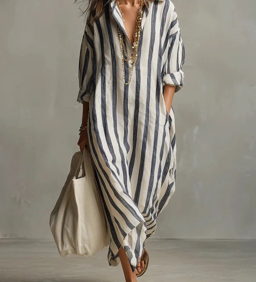 Women's Striped Linen Shirt Dress – Oversized Maxi with Pockets & Roll-Up Sleeves for Summer