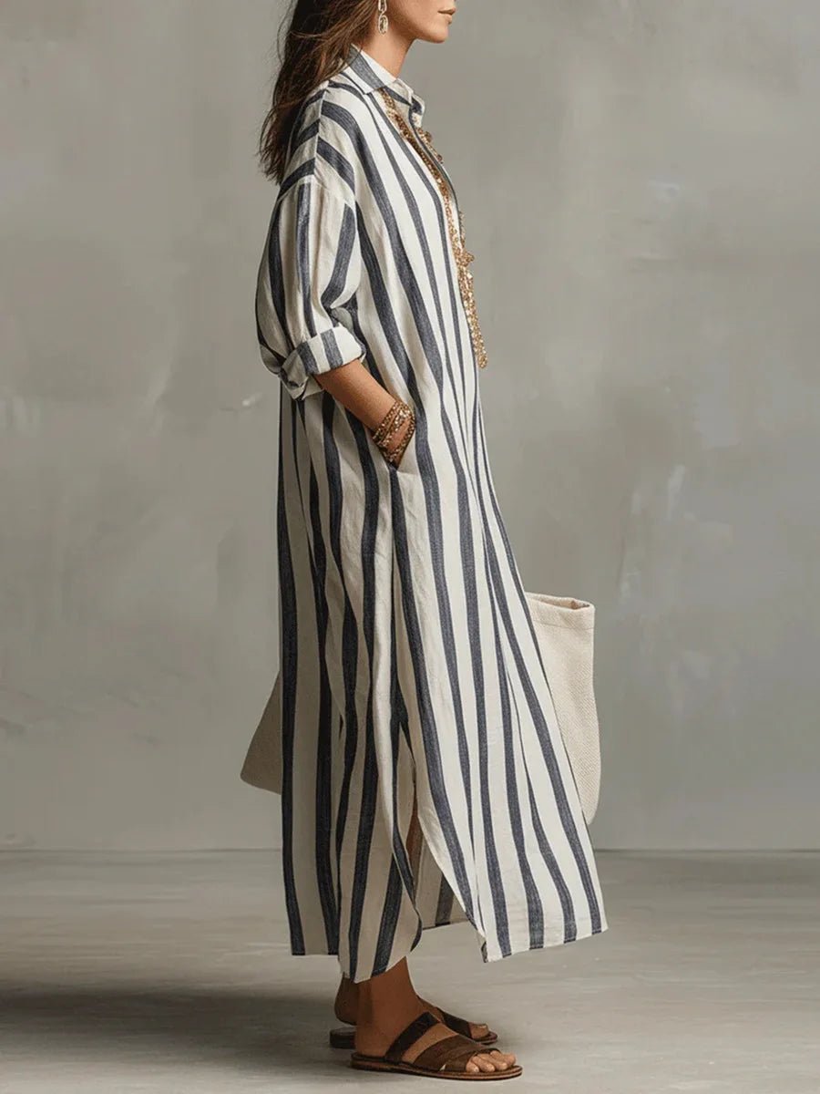 Women's Striped Linen Shirt Dress – Oversized Maxi with Pockets & Roll-Up Sleeves for Summer