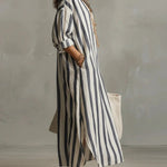 Women's Striped Linen Shirt Dress – Oversized Maxi with Pockets & Roll-Up Sleeves for Summer