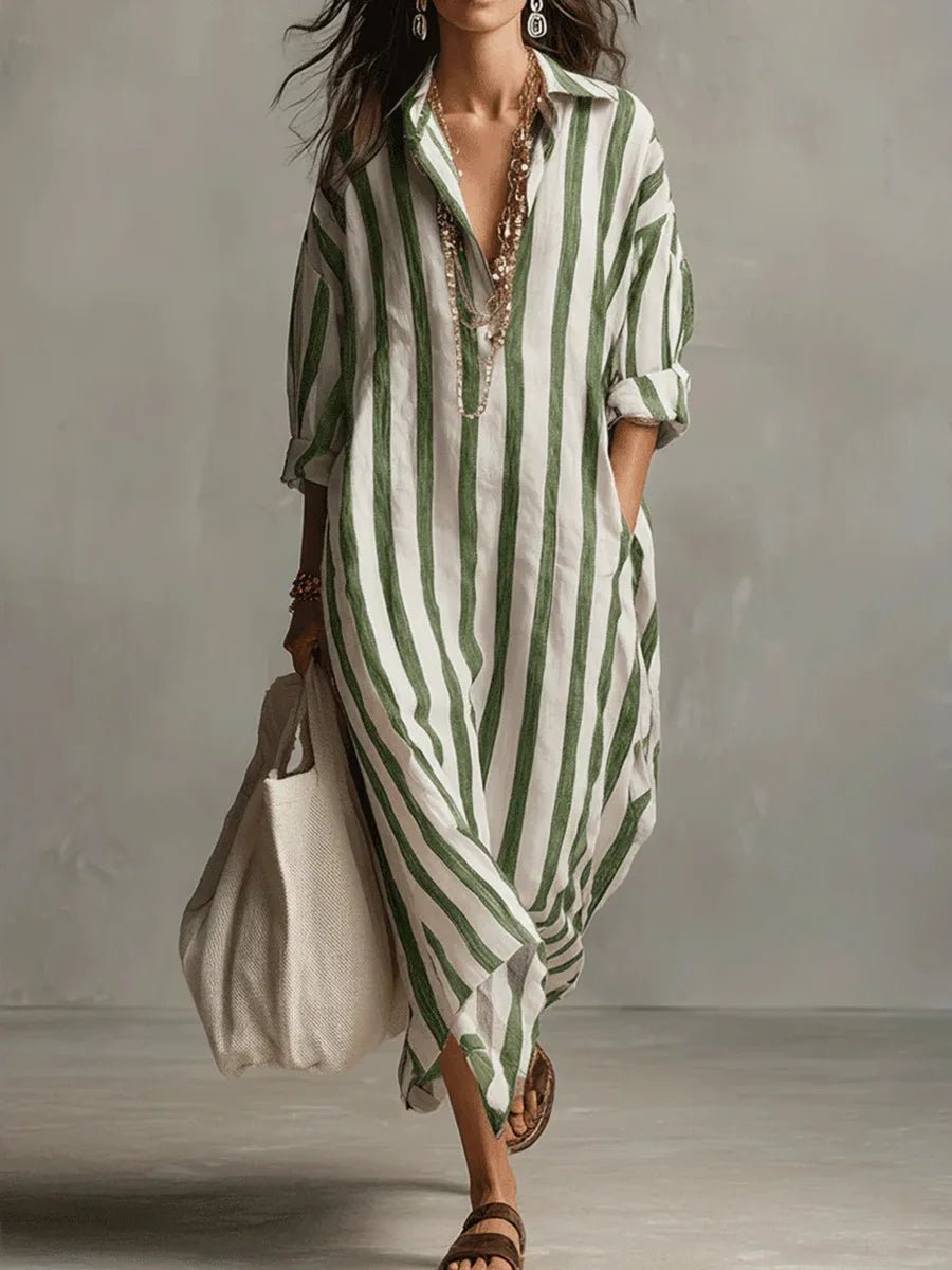 Women's Striped Linen Shirt Dress – Oversized Maxi with Pockets & Roll-Up Sleeves for Summer