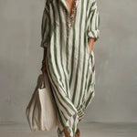 Women's Striped Linen Shirt Dress – Oversized Maxi with Pockets & Roll-Up Sleeves for Summer