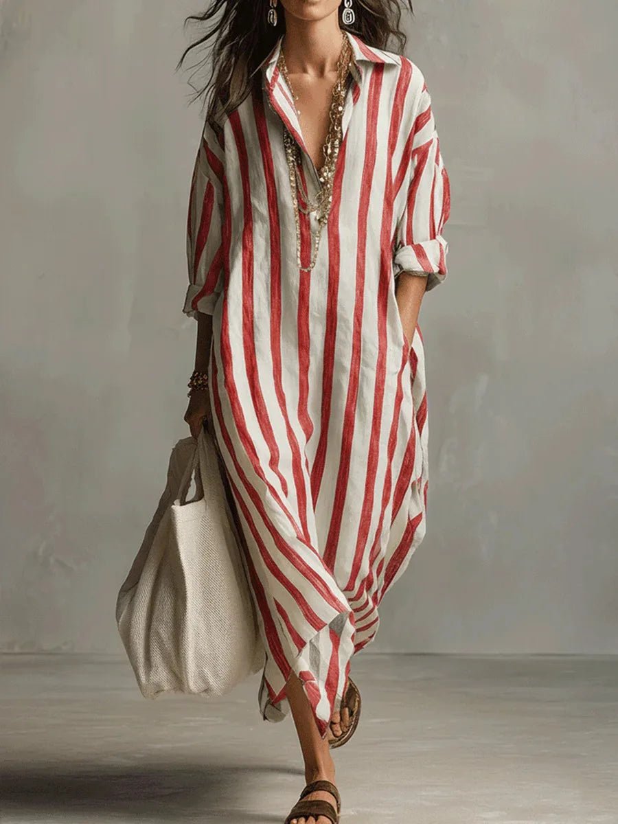 Women's Striped Linen Shirt Dress – Oversized Maxi with Pockets & Roll-Up Sleeves for Summer