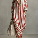 Women's Striped Linen Shirt Dress – Oversized Maxi with Pockets & Roll-Up Sleeves for Summer