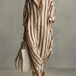 Women's Striped Linen Shirt Dress – Oversized Maxi with Pockets & Roll-Up Sleeves for Summer