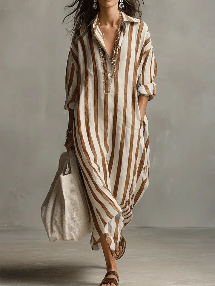 Women's Striped Linen Shirt Dress – Oversized Maxi with Pockets & Roll-Up Sleeves for Summer
