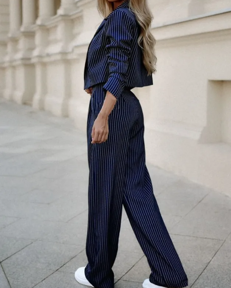 Women's Pinstripe Blazer and Pants Set – Tailored Two-Piece Suit for Work and Evening
