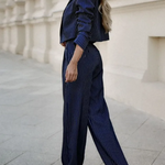 Women's Pinstripe Blazer and Pants Set – Tailored Two-Piece Suit for Work and Evening