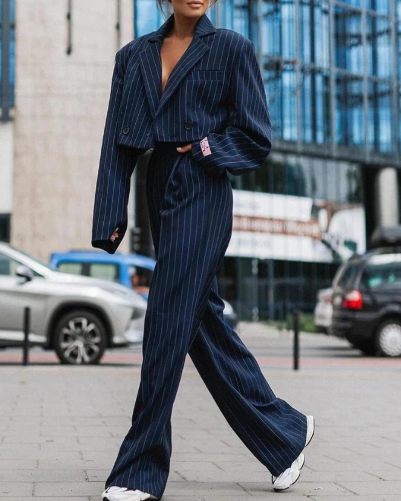Women's Pinstripe Blazer and Pants Set – Tailored Two-Piece Suit for Work and Evening