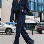 Women's Pinstripe Blazer and Pants Set – Tailored Two-Piece Suit for Work and Evening