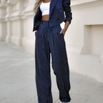 Women's Pinstripe Blazer and Pants Set – Tailored Two-Piece Suit for Work and Evening