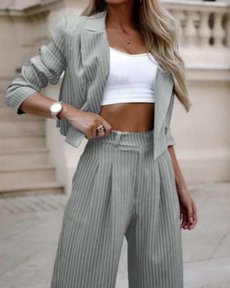 Women's Pinstripe Blazer and Pants Set – Tailored Two-Piece Suit for Work and Evening