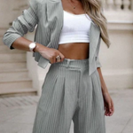 Women's Pinstripe Blazer and Pants Set – Tailored Two-Piece Suit for Work and Evening